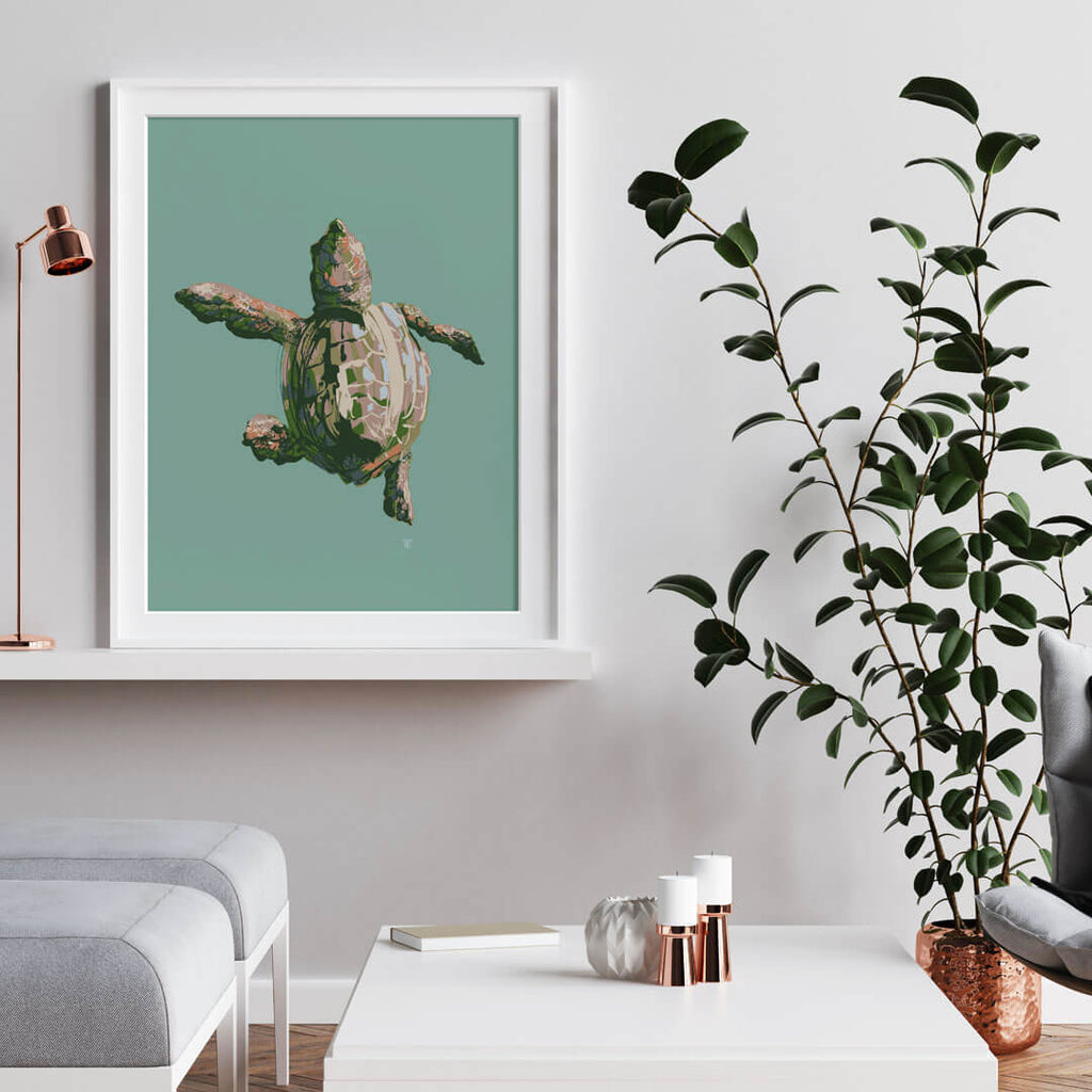 modern coastal baby sea turtle art print in aqua, teal, and green