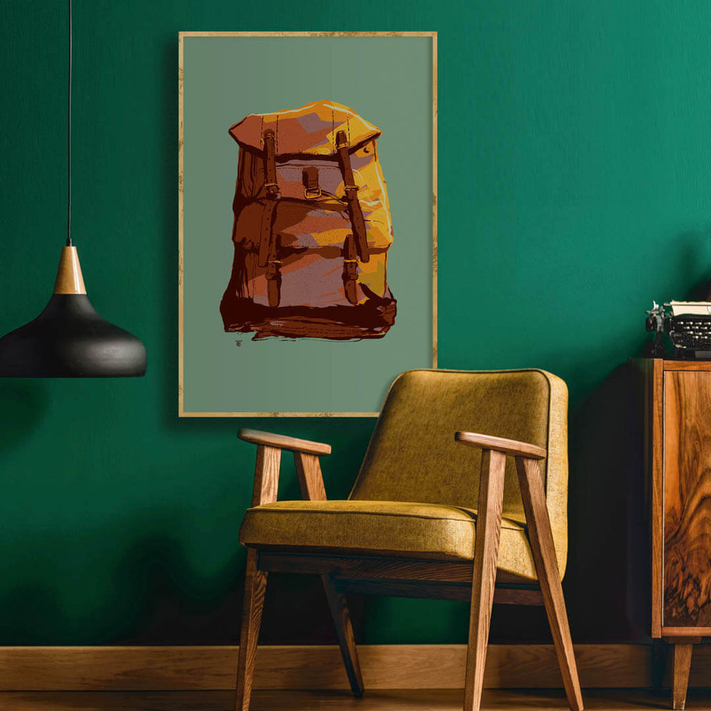 colorful art print of vintage backpack