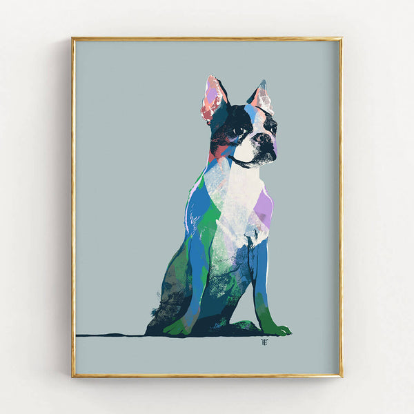blue boston terrier art print
