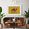 colorful art print poster of camel on mustard yellow background 