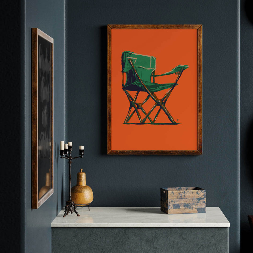 camping chair art print poster on orange background