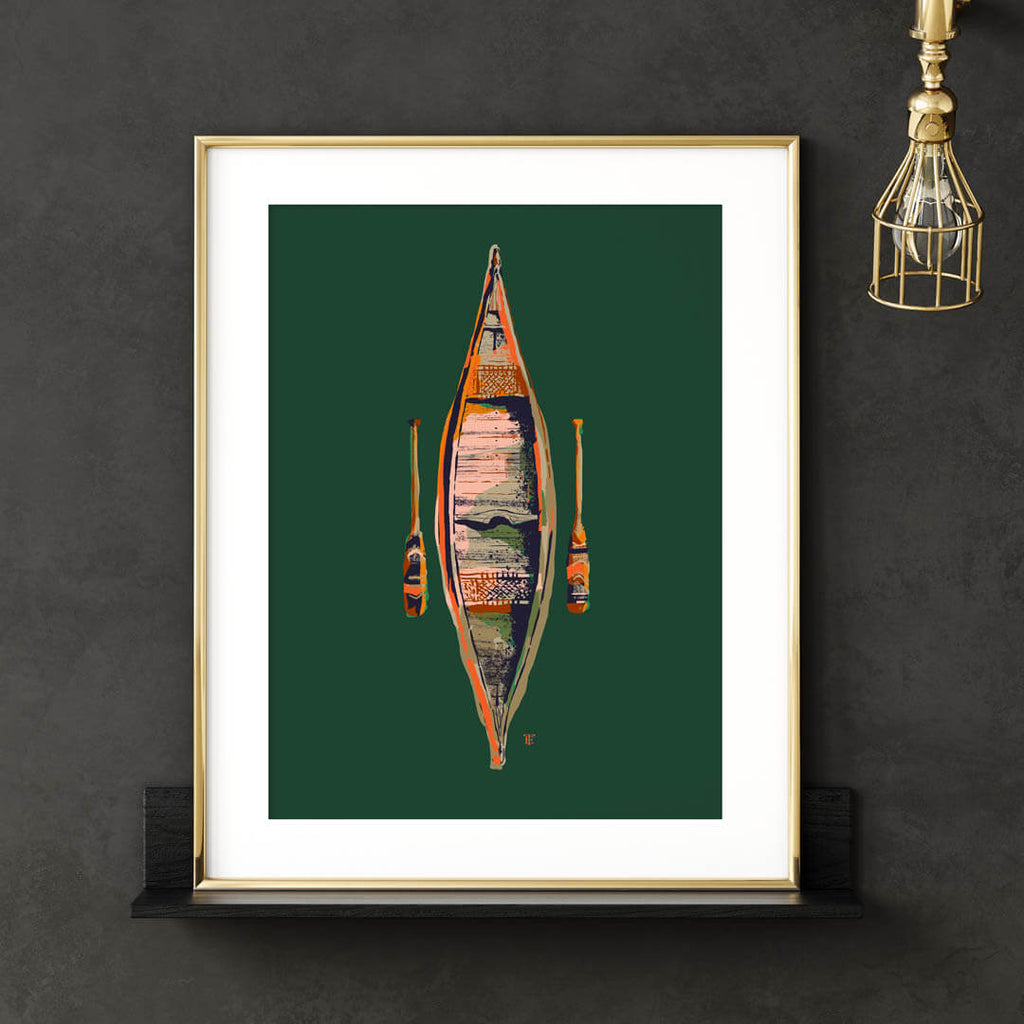 colorful canoe art print poster on green background