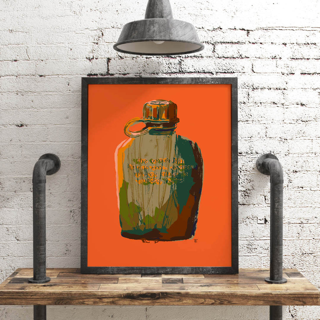 Orange and green art print of a military canteen