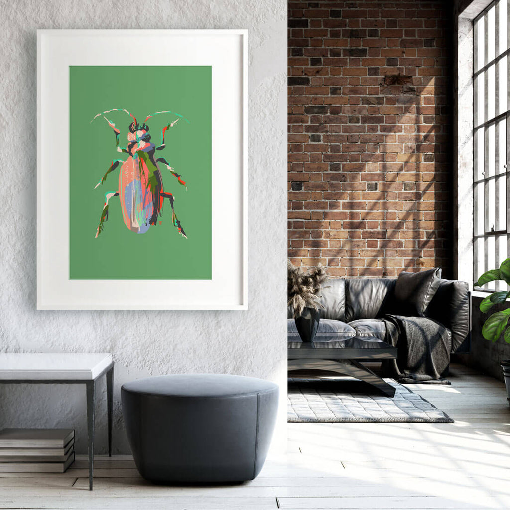 green and pink beetle poster