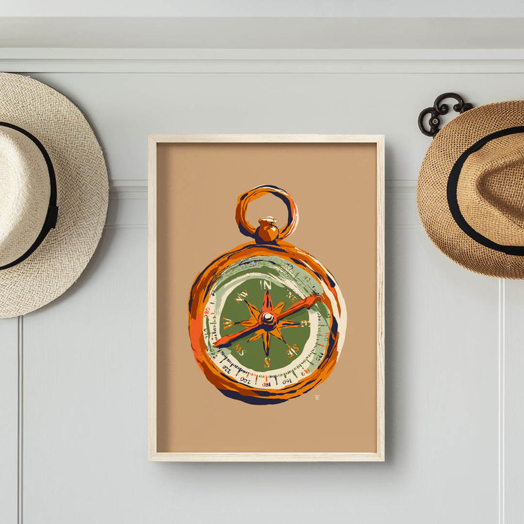 colorful art print of antique compass