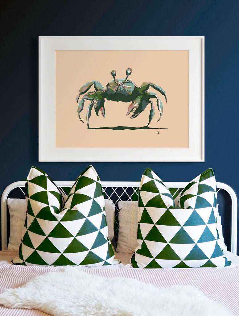 crab painting in dark blue room