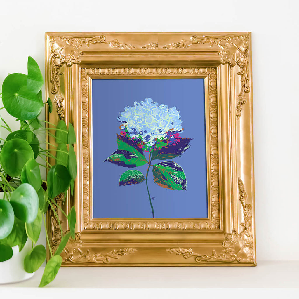blue hydrangea artwork in gilded frame