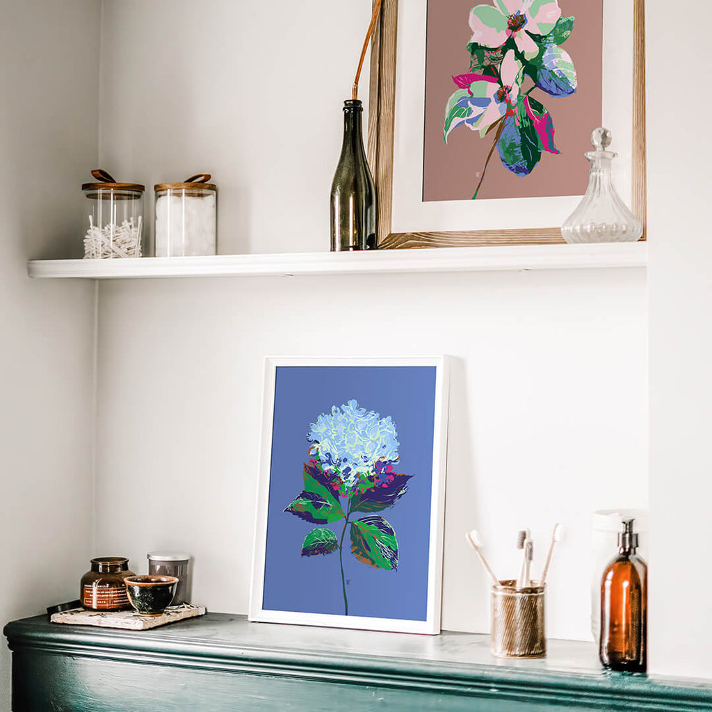 hydrangea watercolor on bathroom shelf