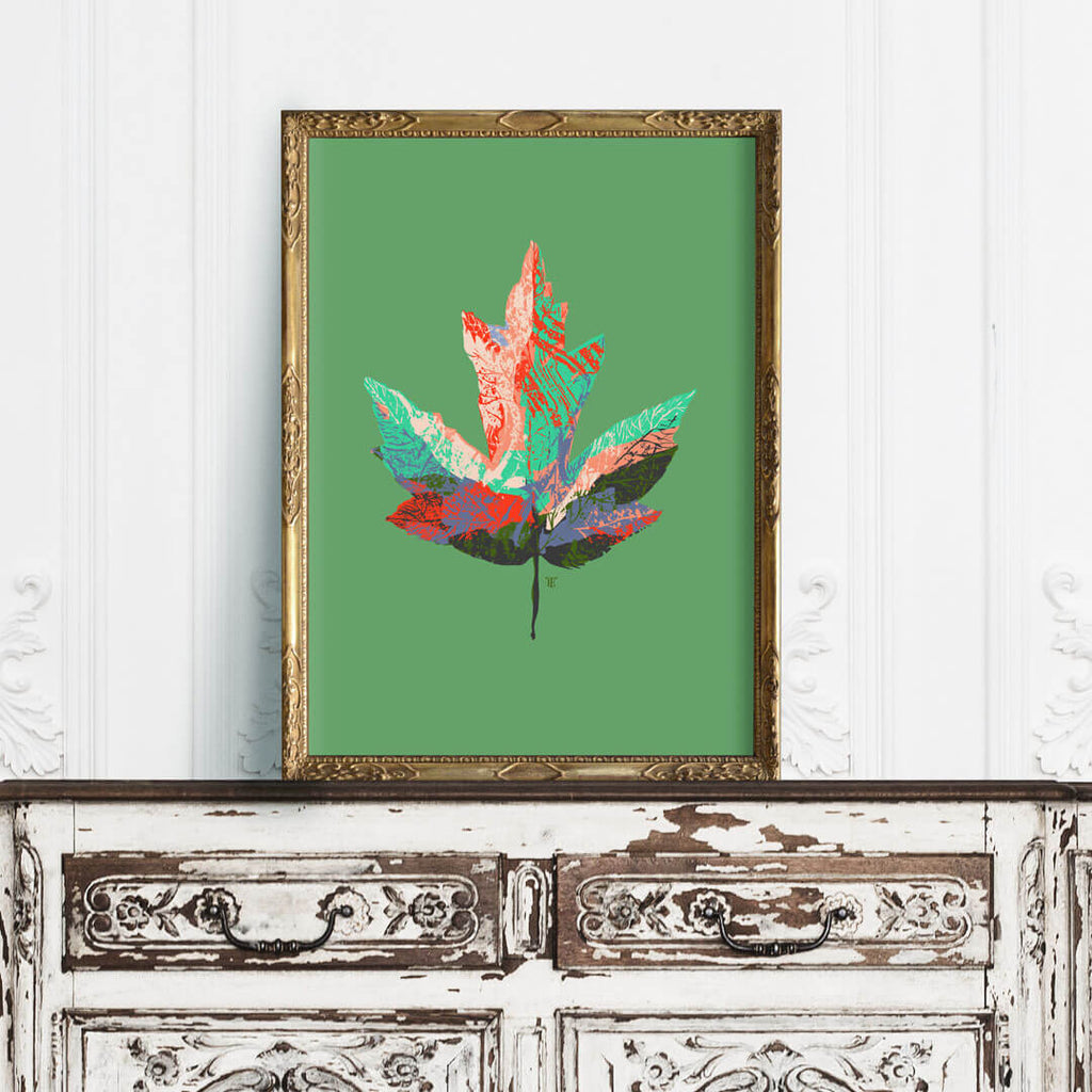 maple leaf art print in gilded frame