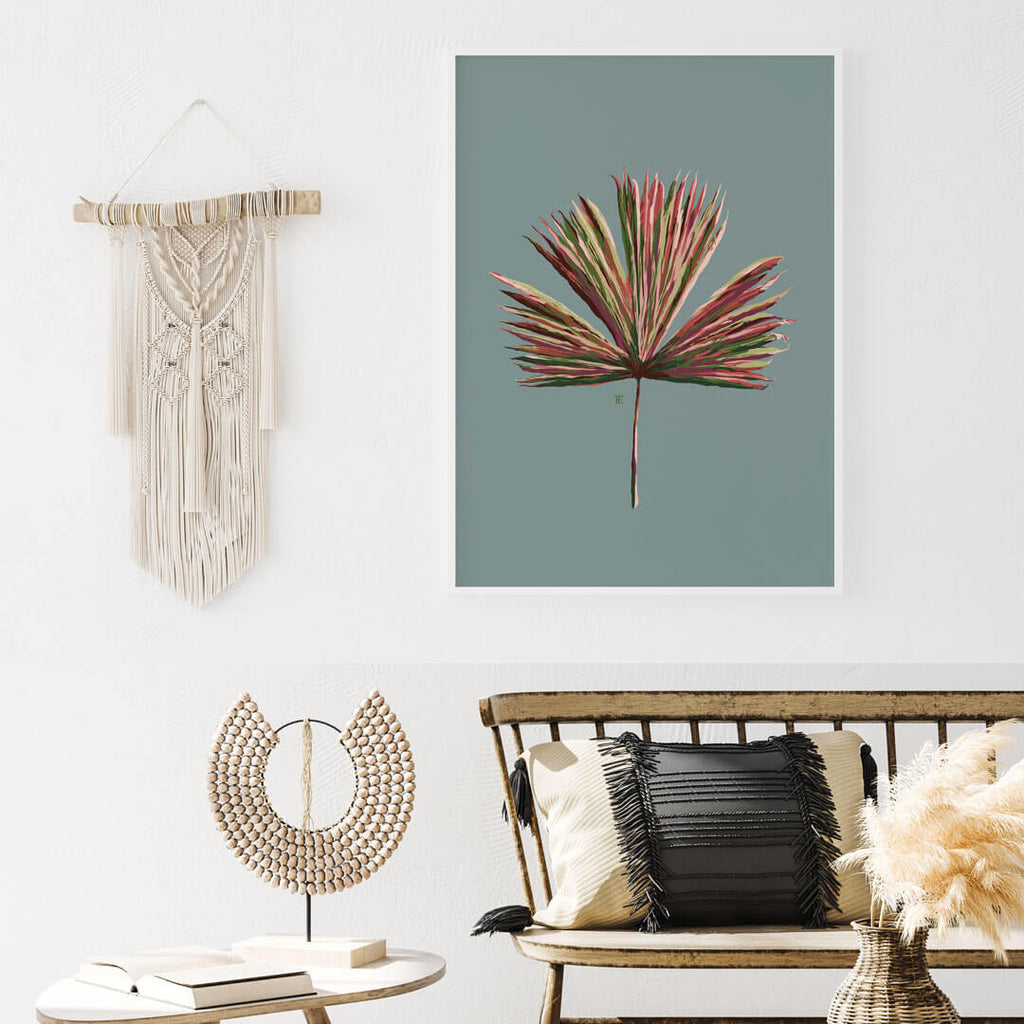 modern botanical palmetto frond art print in turquoise, green, and pink