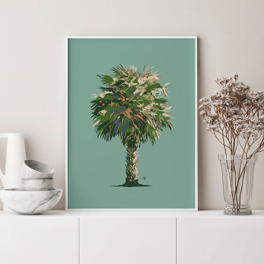 modern coastal palmetto art print in aqua, greens, and pinks