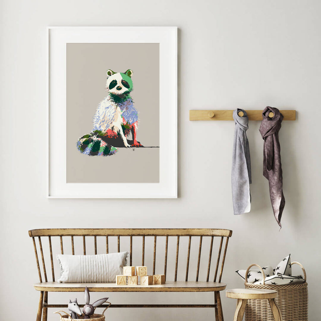 cool raccoon poster in living room