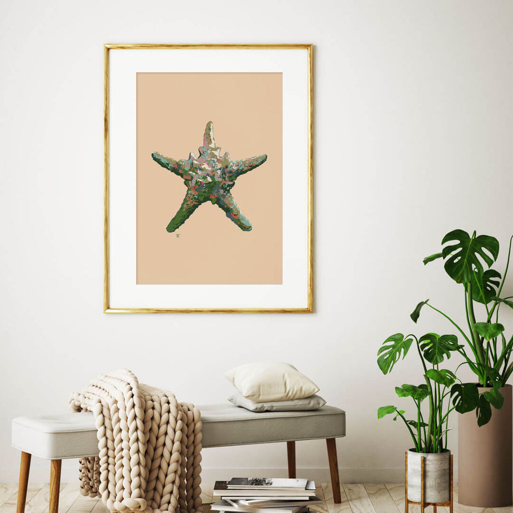 modern colorful starfish art print in pink, green, and teal