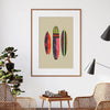 Colorful Pop Art print poster of colorful vintage surfboards / longboards.