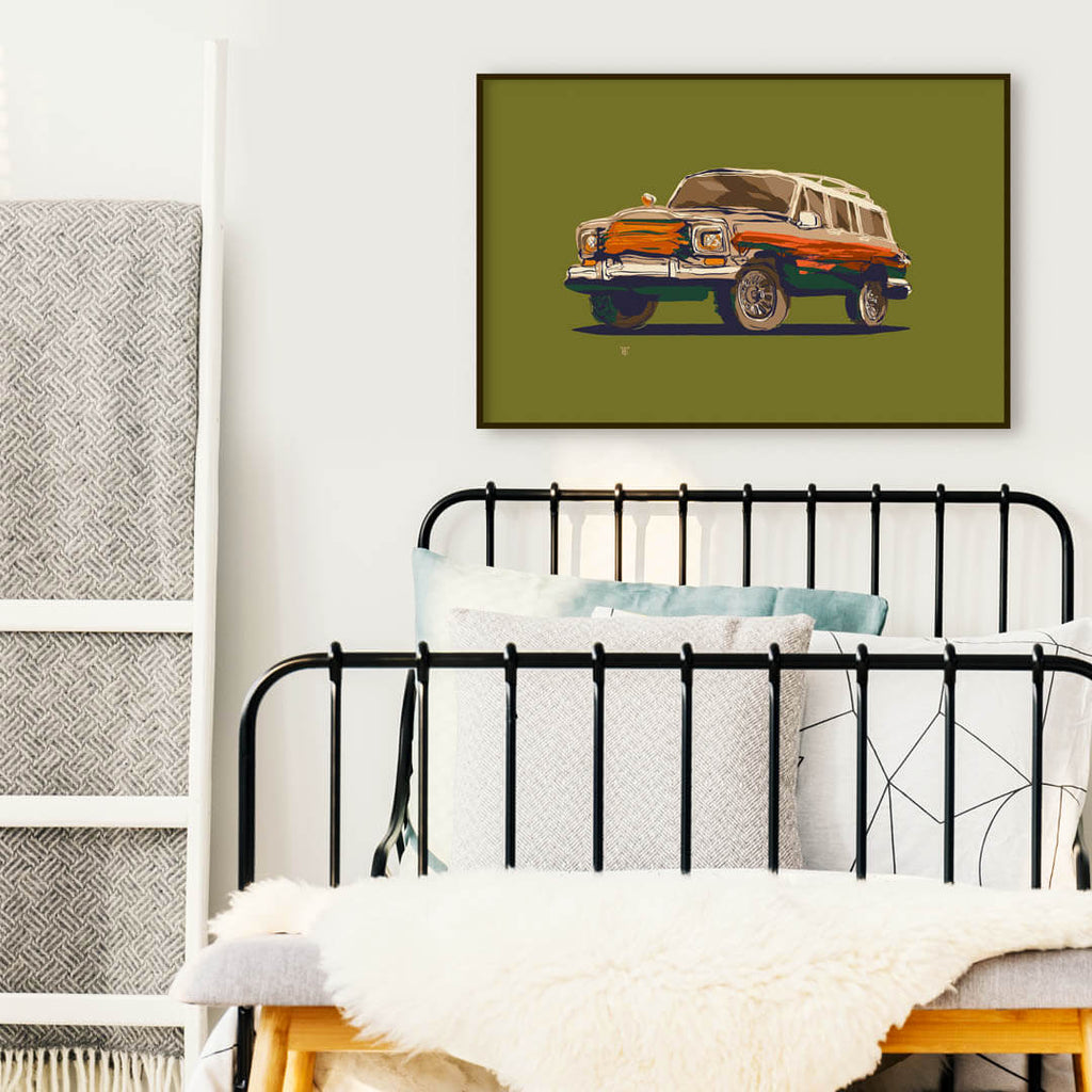 colorful art print of a vintage SUV