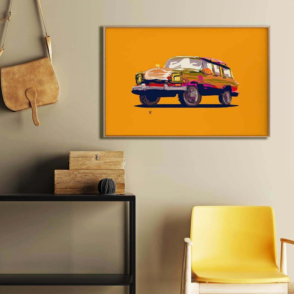 vintage antique SUV 4x4 art print poster of colorful line drawing on yellow
